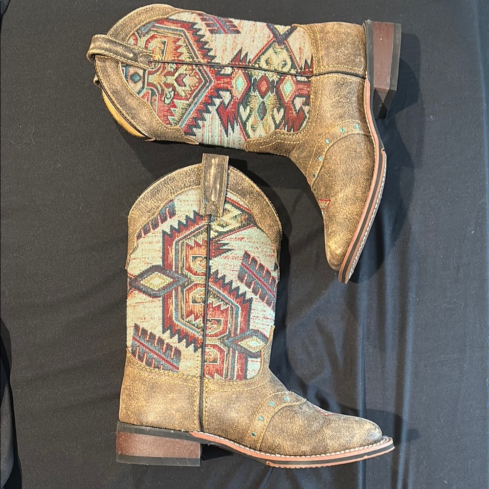 Laredo Brown, Square Toed Boots with Geometric Patterns